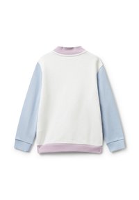 Długosleeve sweter crewneck z białym korpusem, jasnoniebieskimi rękawami oraz lawendowym ściągaczem i dole, pokazany z tyłu.