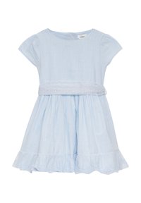 Hellblaues Kleid mit kurzen Puffärmeln, einem strukturierten Oberteil, einem Spitzenbund und einem schwingenden Rock mit einem gestickten Volant-Saum.