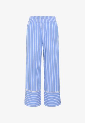 Pantalones de pierna ancha en azul claro con rayas verticales blancas y un dobladillo a rayas horizontales en contraste; con cintura elástica para mayor comodidad.