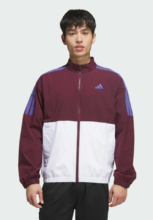 Junger Mann, der eine bordeauxrote und weiße Jacke mit Reißverschluss und blauen Streifen an den Ärmeln trägt, vor einem einfachen hellen Hintergrund steht.