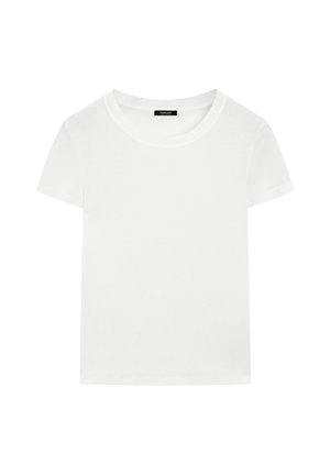 Witte katoenen t-shirt met korte mouwen en een ronde hals, met een zwart merklabel aan de binnenkant van de kraag.