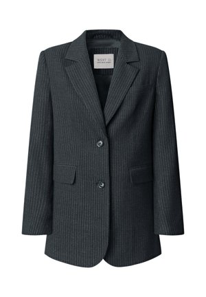 Blazer grigio scuro a righe sottili con rever a rilievo, due bottoni, due tasche frontali e una vestibilità sagomata. Tessuto dalla texture liscia.