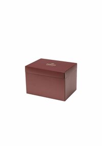 Burgundy rectangular gift box with a smooth finish, featuring a gold embossed logo on the lid and a hinged design for easy access.