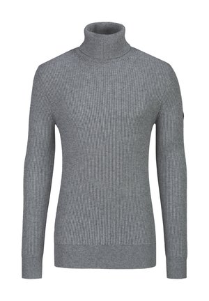Grauer Rippenstrick-Rollkragenpullover mit langen Ärmeln und engen Bündchen, vor weißem Hintergrund gezeigt.