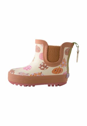 Børne ankelregnstøvle med lyserøde og brune græskar-mønstre, strukturerede brune elastiske sidepaneler og en grøn bageste trækflig.