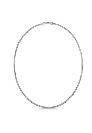 Collana in argento sterling con design liscio e arrotondato. Presenta una delicata intrecciatura e un gancio sicuro. Finitura lucida e riflettente.