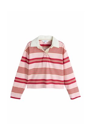 Maillot de rugby à manches longues avec col blanc, présentant des rayures horizontales rouges et roses de différentes épaisseurs.