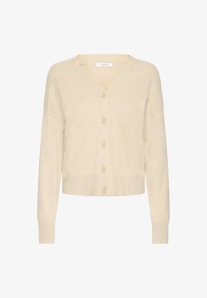 Beige cropped cardigan, stofblanding af bomuld, V-hals, knaplukning fortil med seks knapper, ribbede manchetter og kant, blød tekstur.