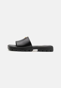 Mule negre cu un superior din piele netedă și mată și o talpă groasă din cauciuc texturat. Accente notabile din hardware auriu pe superior. Design simplu, deschis.