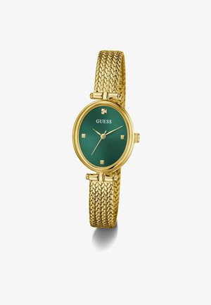 Gold mesh strap watch with a round green face, featuring square hour markers and a small diamond accent at the 12 o'clock position.