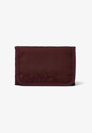 Bordeaux stoffen portemonnee met geborduurd "Setch" logo, met een compact rechthoekig ontwerp, gestikte randen en een gestructureerd oppervlak.