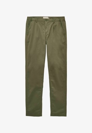 Casualowe spodnie o prostych nogawkach w kolorze oliwkowej zieleni, z przodu zapinane na guzik i suwak, posiadają szlufki na pasek oraz boczne kieszenie.