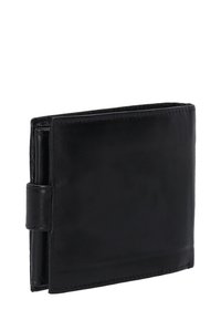 Czarny skórzany portfel o gładkiej fakturze, składany w bi-fold, z bocznym paskiem. Posiada widoczne szwy i elegancki, minimalistyczny wygląd.