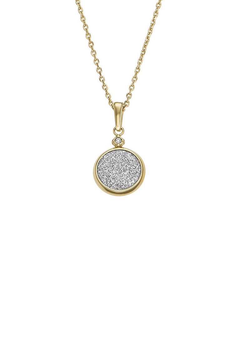 Złoty naszyjnik z łańcuszkiem, który posiada okrągły wisiorek z błyszczącej srebrnej powierzchni oraz mały diamentowy akcent powyżej.