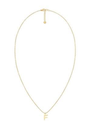 Guldtonet halskæde med en delikat kæde og et fremtrædende bogstav "F" vedhæng, glat overflade med en poleret finish.