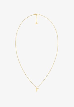 Halskette in goldfarbener Ausführung mit einer zarten Kette und einem auffälligen Anhänger in Form des Buchstabens "F". Glatte Textur mit polierter Oberfläche.