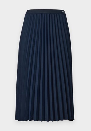Jupe plissée bleue marine avec une taille ajustée. Confectionnée en tissu léger, elle présente de profonds plis verticaux et une surface lisse.