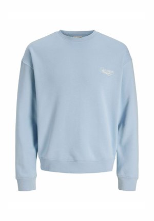 Jasnoniebieska bluza z okrągłym dekoltem, długimi rękawami i małym białym napisem logo na górnej lewej części klatki piersiowej.