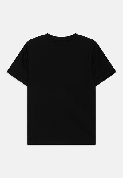 Schwarzes Baumwoll-T-Shirt mit rundem Halsausschnitt und kurzen Ärmeln, das ein schlichtes Design und eine glatte Textur aufweist. Keine sichtbaren Muster oder Grafiken.