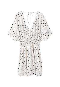 Valkoinen mekko, jossa on mustia pilkkuja, lyhyet hihat, syvä V-pääntie, smockattu vyötärö ja nauhakiristys takana. Ominaisuutena kevyt rakenne.