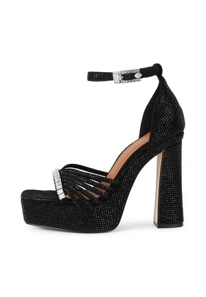 Black high-heeled platform sandal with ankle strap, decorated with small black rhinestones and a silver buckle.
