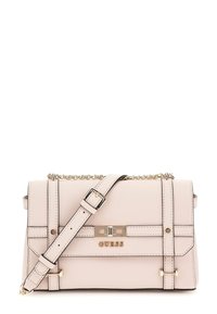 Borsa a tracolla in similpelle color blush con hardware dorato, accentata da una catena, con tracolla regolabile e una fibbia decorativa frontale.