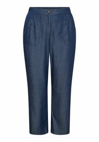 Mörkblå denimbyxor med rak benform, med två framfickor och knappstängning i midjan. Slät textur.