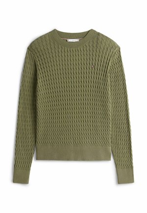 Pull en tricot vert avec un motif en relief de câble, col rond côtelé et ourlet. Présente un petit logo sur la poitrine gauche.