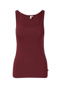 Top in tessuto morbido di colore bordeaux, con design aderente, scollatura rotonda e senza maniche, presenta una finitura con cucitura piatta all'orlo.