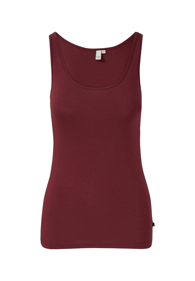 Top in tessuto morbido di colore bordeaux, con design aderente, scollatura rotonda e senza maniche, presenta una finitura con cucitura piatta all'orlo.