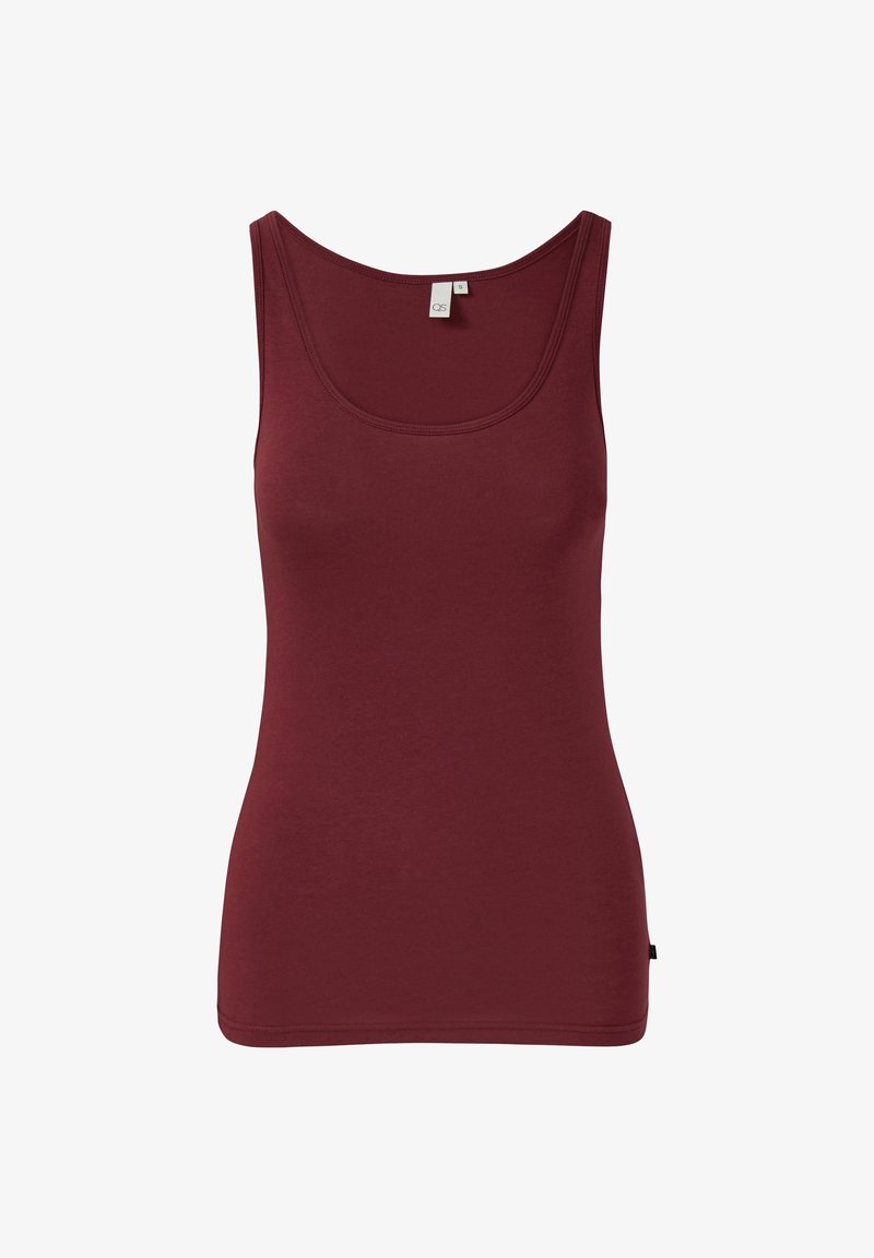 Top in tessuto morbido di colore bordeaux, con design aderente, scollatura rotonda e senza maniche, presenta una finitura con cucitura piatta all'orlo.