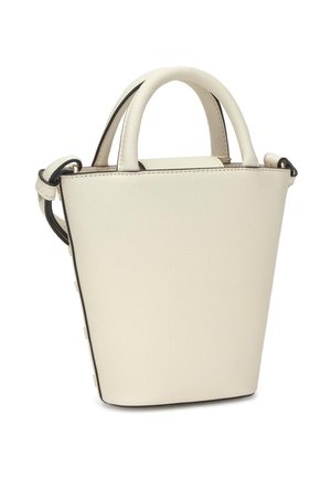 Piccola borsa a secchiello beige con due manici corti e una tracolla regolabile, superficie in pelle testurizzata.