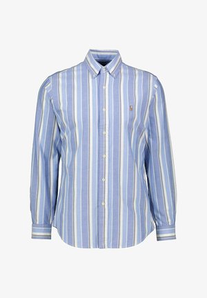 Langärmeliges Hemd zum Knöpfen mit vertikalen blauen, weißen und hellgrauen Streifen und einem kleinen gestickten Logo auf der Brust.