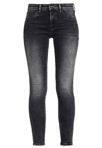 Smala jeans i mörkgrå denim med en urtvättad finish. Har en klassisk femficksdesign och en enkel knappstängning vid midjan.