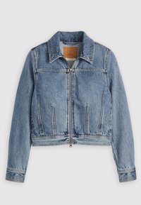 Heled sinine teksajakk, millel on lukuga esikülg, terav krae ja kaks esikot. Omab õmmeldud detaile ja lühendatud lõiget.