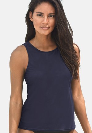 Navy sleeveless tank top made of smooth fabric, featuring a round neckline and a fitted silhouette, ideal for casual wear or workouts.