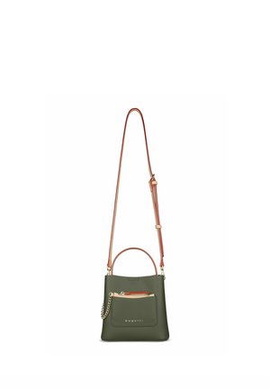 Dunkelgrüne Leder-Umhängetasche mit verstellbarem pinkfarbenem Riemen, kleinem Reißverschlussfach vorne und dem Markennamen "bugatti" auf der Tasche.