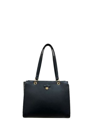 Borsa a mano in pelle nera con due spallacci, piccolo dettaglio a fiocco e ciondolo dorato a forma di cuore sulla parte anteriore centrale.