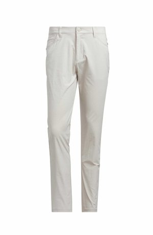Light beige trousers with a slim fit, made from soft cotton, featuring a front button closure, belt loops, and two side pockets.