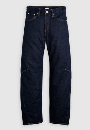 Dunkelblaue Jeans aus Denim mit geradem Bein Schnitt, ausgestattet mit Vorder- und Gesäßtaschen sowie kontrastierenden gelben Nähten. Keine sichtbaren Verzierungen.