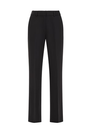 Pantalones negros a medida con diseño de pierna recta, hechos de una tela suave con cinturilla de altura media y trabas para el cinturón.