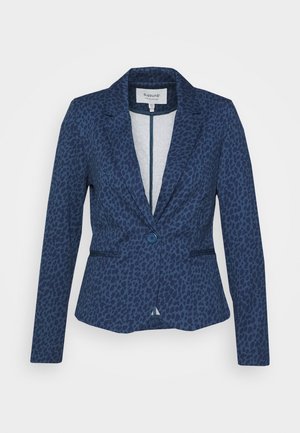 Veste blazer pour femme bleu cintrée, imprimé léopard foncé, fermeture par un bouton unique, col à revers et deux poches avant.