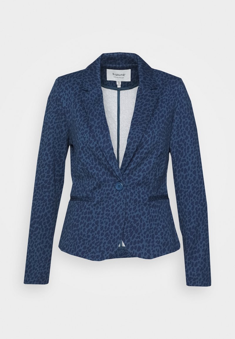 Veste blazer pour femme bleu cintrée, imprimé léopard foncé, fermeture par un bouton unique, col à revers et deux poches avant.