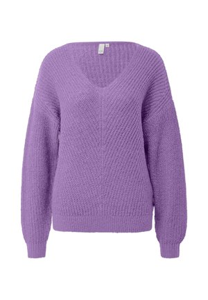 Paarse gebreide trui met een V-hals, afgezakte schouders en geribbelde manchetten. Gevoerd met een textuurpatroon, zacht materiaal en een ontspannen pasvorm.