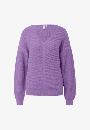 Fioletowy dziergany sweter z dekoltem w serek, opuszczonymi ramionami i ściągaczami na mankietach. Wzór o fakturze na całej powierzchni, miękki materiał i luźny krój.