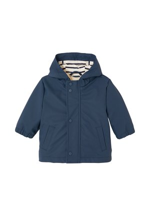Navy blue toddler jacket with hood, striped inner lining, snap buttons, side pockets, and elastic cuffs on white background.