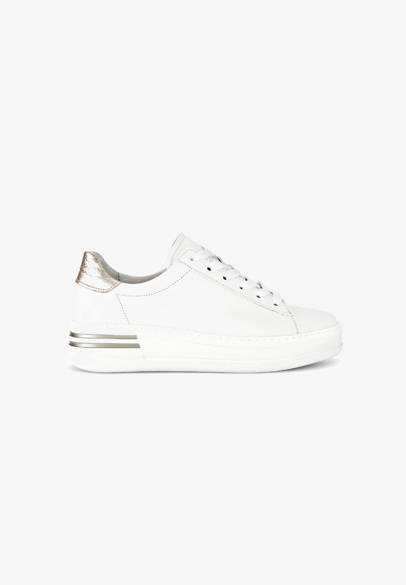 White leather sneaker featuring a smooth surface, lace-up design, metallic gold accent at the heel, and a thick white sole with gold stripes.