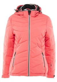 Veste matelassée à capuche rose corail avec fermeture éclair frontale, deux poches latérales zippées et cordons de capuche réglables.