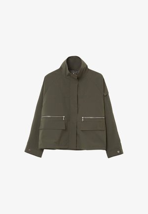 Olive green cropped jacket with high collar, front zipper closure covered by flap, two front zippered pockets, and snap-button cuffs.