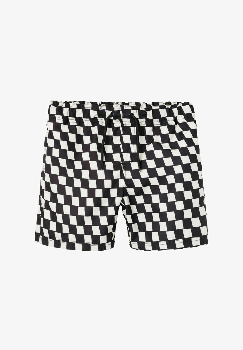 Bañador en blanco y negro con un patrón de tablero de ajedrez, cinturilla elástica, cordón ajustable y una textura de tela suave.